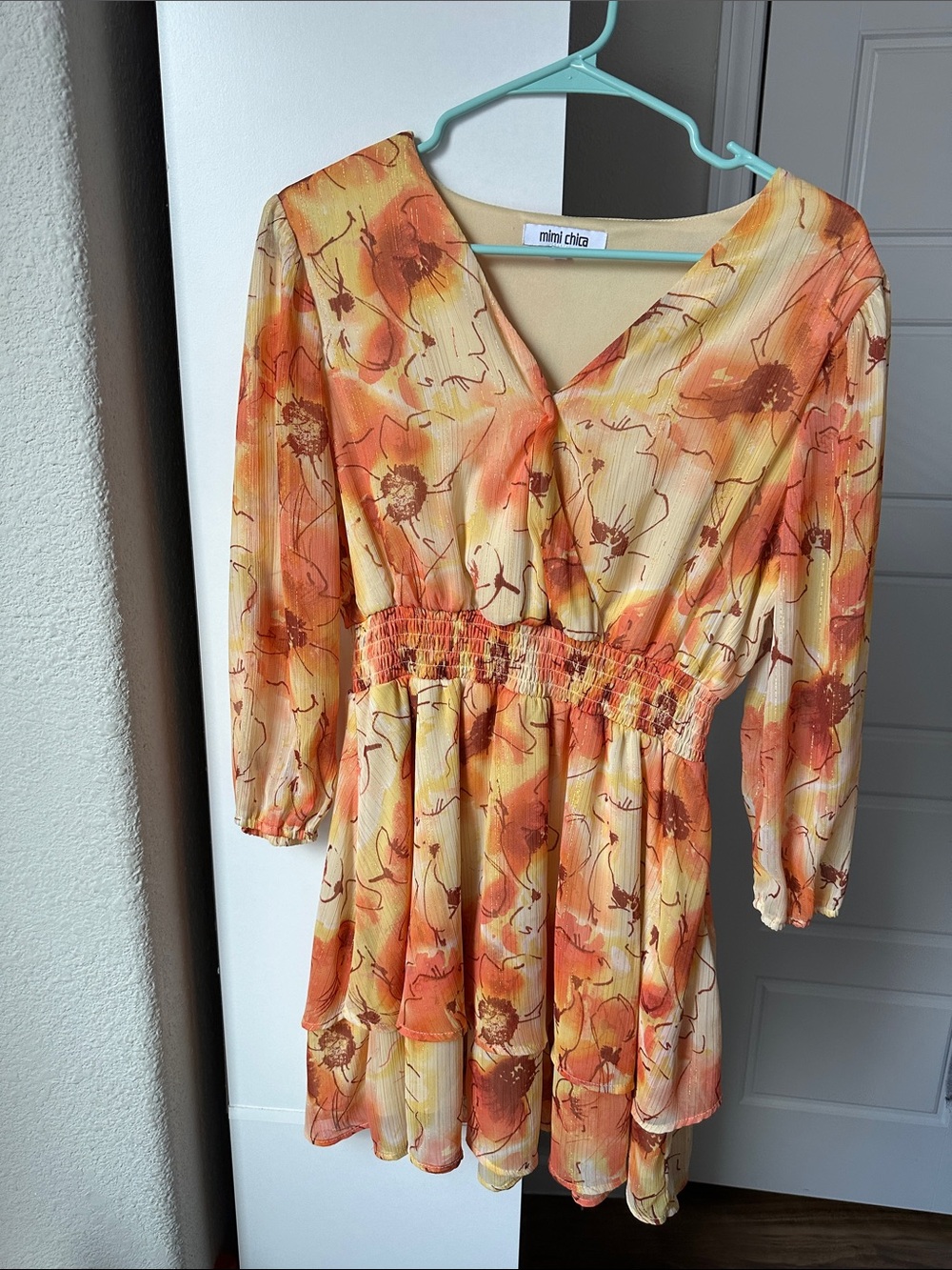 Mimi Chica Yellow and Orange Floral V-Neck Mini Dress